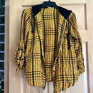 Soft button up yellow and black plaid shirt